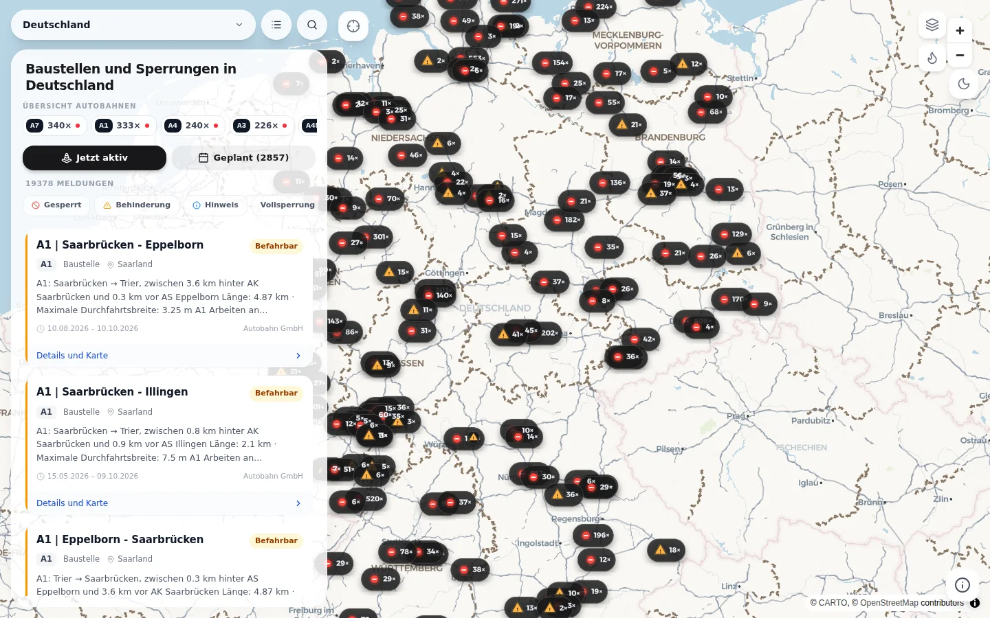 Mapa staveb, uzavírek a dopravních omezení v aplikaci Baustellen-Radar