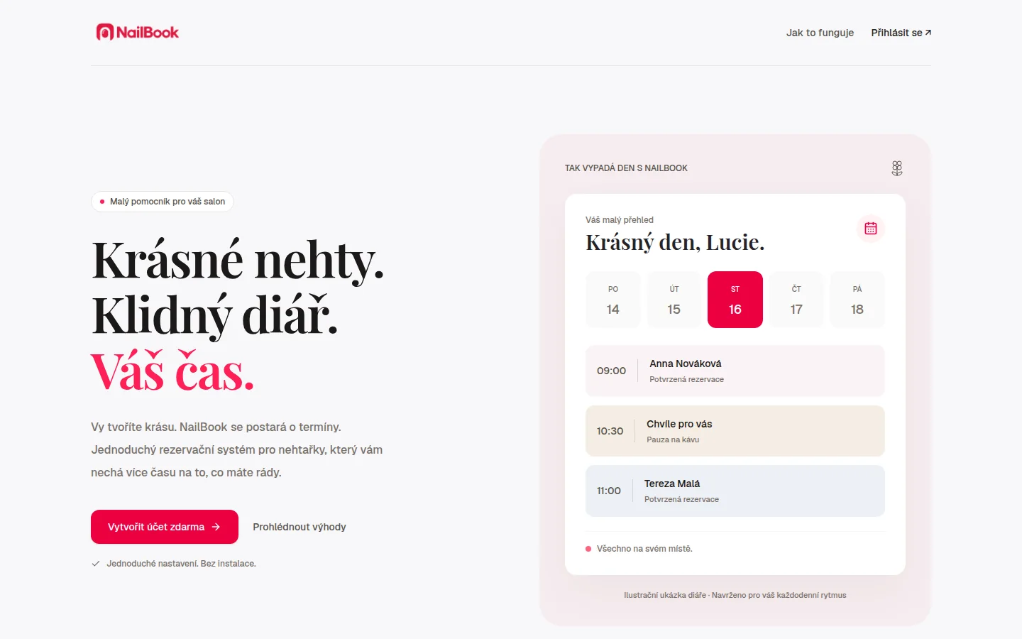 Úvodní obrazovka rezervačního systému NailBook s ukázkou diáře