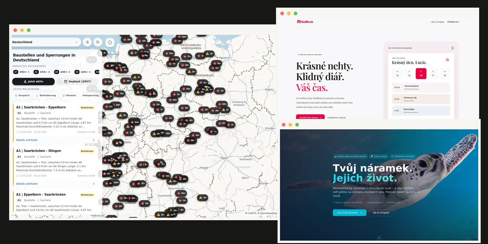 Ukázky živých aplikací Baustellen-Radar, NailBook a Cesta Moře