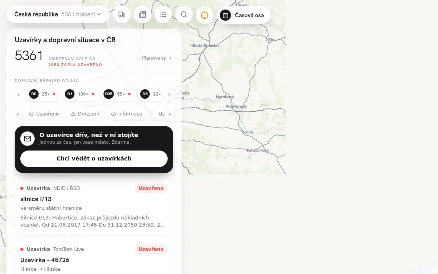 Živá mapa uzavírek a dopravních omezení na Uzavírka.cz